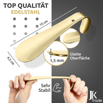 Maßangaben & Materialdetails des Schuhlöffels aus Edelstahl in Gold, 15 cm Länge