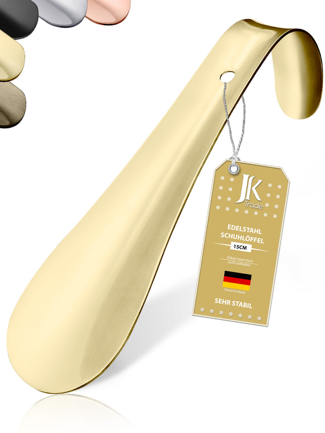 Titelbild mit Farbauswahl & Etikett des Schuhlöffels aus Edelstahl in Gold, 15 cm Länge