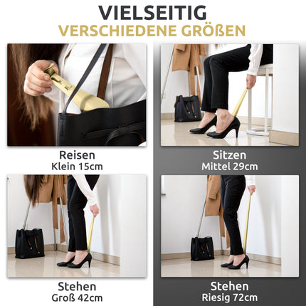 Anwendungsbilder für verschiedene Größen des Schuhlöffels aus Edelstahl in Gold, 29 cm Länge