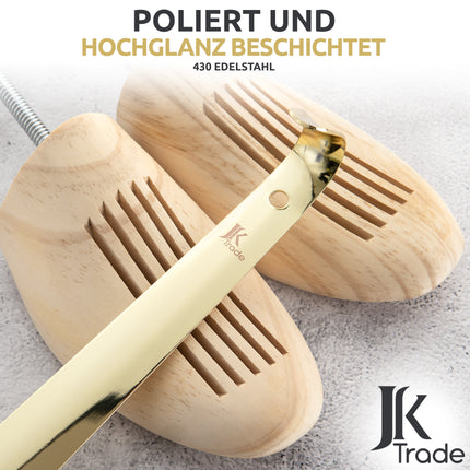 Detailansicht polierte Oberfläche des Schuhlöffels aus Edelstahl in Gold, 29 cm Länge