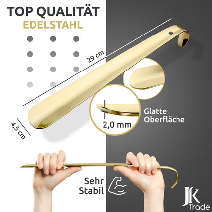 Maßangaben & Materialdetails des Schuhlöffels aus Edelstahl in Gold, 29 cm Länge