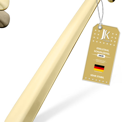 Titelbild mit Farbauswahl & Etikett des Schuhlöffels aus Edelstahl in Gold, 29 cm Länge