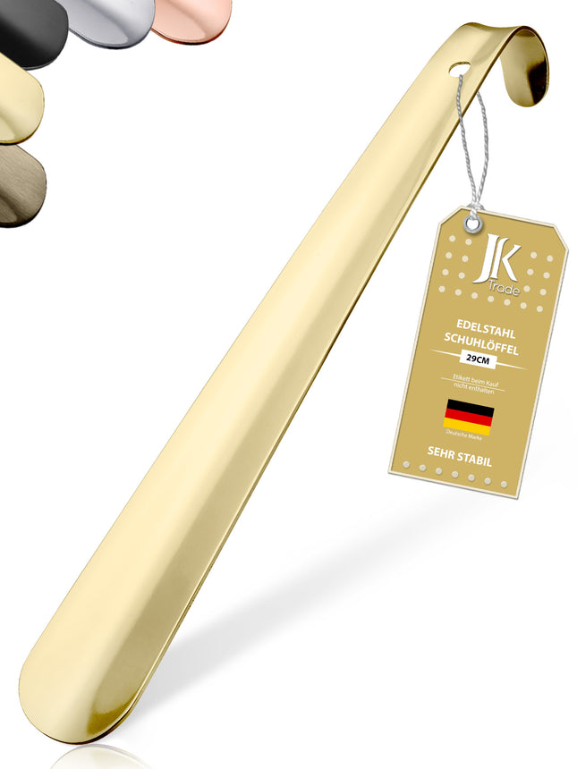 Titelbild mit Farbauswahl & Etikett des Schuhlöffels aus Edelstahl in Gold, 29 cm Länge