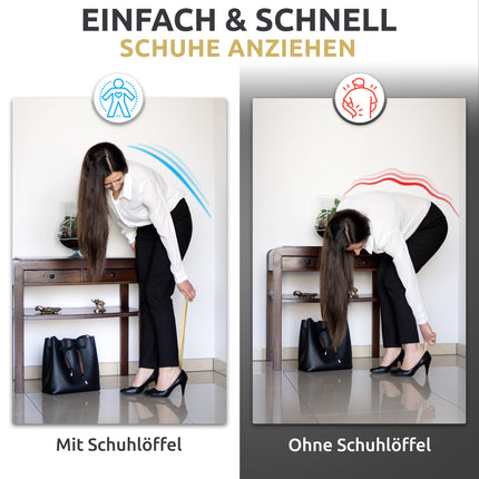 Vergleich mit und ohne Schuhlöffel des Schuhlöffels aus Edelstahl in Gold, 29 cm Länge