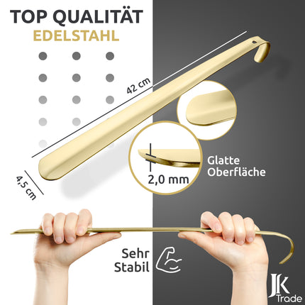 Maßangaben & Materialdetails des Schuhlöffels aus Edelstahl in Gold, 42 cm Länge