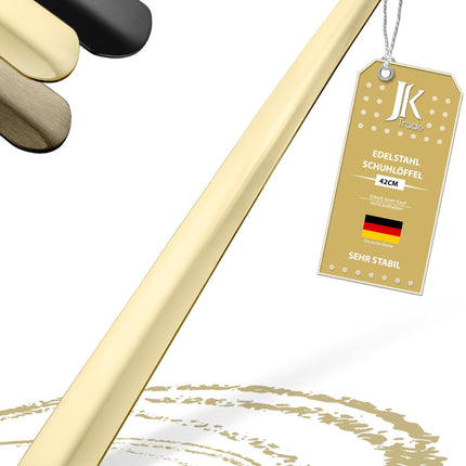 Titelbild mit Farbauswahl & Etikett des Schuhlöffels aus Edelstahl in Gold, 42 cm Länge