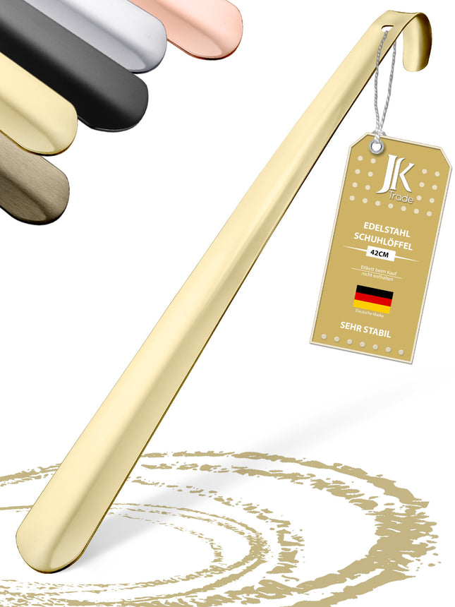 Titelbild mit Farbauswahl & Etikett des Schuhlöffels aus Edelstahl in Gold, 42 cm Länge