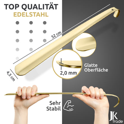 Maßangaben & Materialdetails des Schuhlöffels aus Edelstahl in Gold, 52 cm Länge