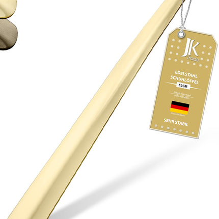 Titelbild mit Farbauswahl & Etikett des Schuhlöffels aus Edelstahl in Gold, 52 cm Länge