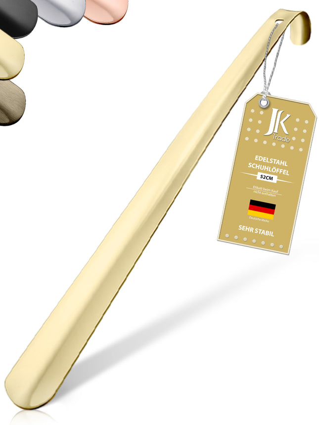 Titelbild mit Farbauswahl & Etikett des Schuhlöffels aus Edelstahl in Gold, 52 cm Länge