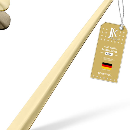 Titelbild mit Farbauswahl & Etikett des Schuhlöffels aus Edelstahl in Gold, 62 cm Länge
