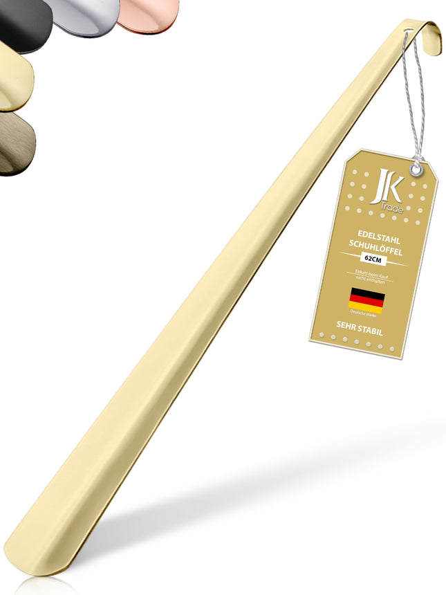 Titelbild mit Farbauswahl & Etikett des Schuhlöffels aus Edelstahl in Gold, 62 cm Länge