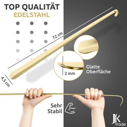 Maßangaben & Materialdetails des Schuhlöffels aus Edelstahl in Gold, 72 cm Länge