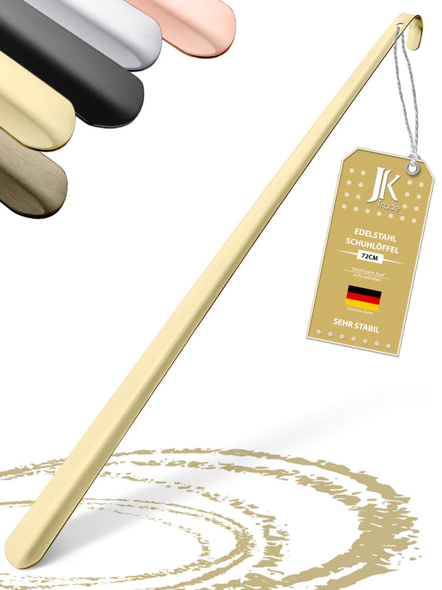Titelbild mit Farbauswahl & Etikett des Schuhlöffels aus Edelstahl in Gold, 72 cm Länge
