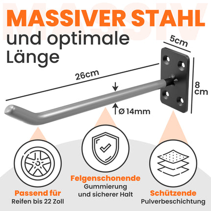 Reifenwandhalterung aus massivem Stahl, Maße und Details zur gummierten Oberfläche und Pulverbeschichtung