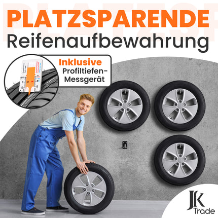 Platzsparende Reifenaufbewahrung mit Reifenwandhalterung und inklusive Profiltiefenmesser