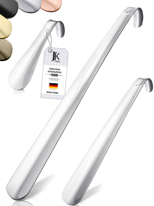 JK Trade® 3er Set STABILE Edelstahl Schuhlöffel | 15, 29 & 42cm Silber