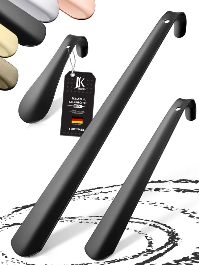 JK Trade® 3er Set STABILE Edelstahl Schuhlöffel Schwarz | 15, 29 & 42cm