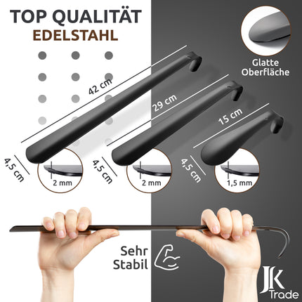 JK Trade® 3er Set STABILE Edelstahl Schuhlöffel Schwarz | 15, 29 & 42cm