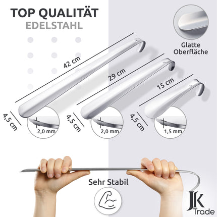 JK Trade® 3er Set STABILE Edelstahl Schuhlöffel | 15, 29 & 42cm Silber