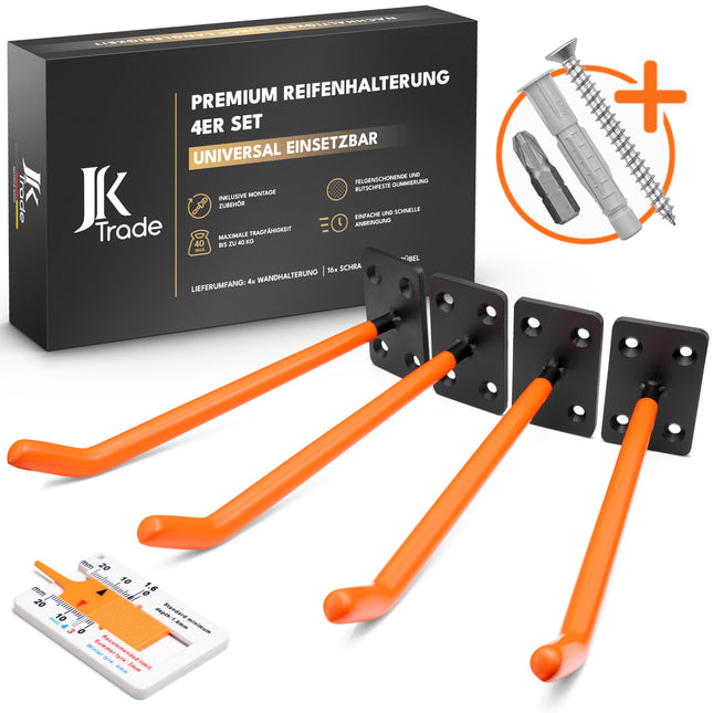 Premium Reifenwandhalterung 4er Set in Orange mit Montageset und Profiltiefenmesser