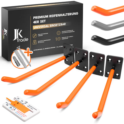 Premium Reifenwandhalterung 4er Set in Orange mit Montageset und Profiltiefenmesser