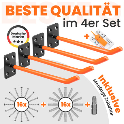 4er Set orangene Reifenwandhalterungen aus massivem Stahl inklusive Montagezubehör