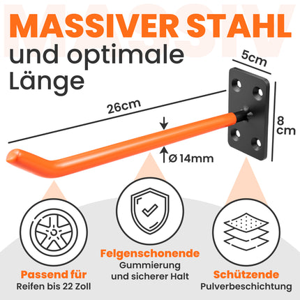 Orangene Reifenwandhalterung aus massivem Stahl mit gummierter Oberfläche, Maße und Pulverbeschichtung