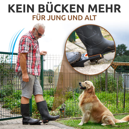 Schuhe und Stiefel im stehen einfach ausziehen dank dem orangen Stiefelknecht