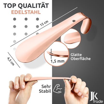 Maßangaben & Materialdetails des Schuhlöffels aus Edelstahl in Roségold, 15 cm Länge