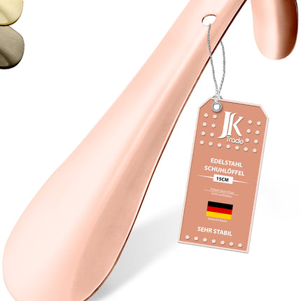 Titelbild mit Farbauswahl & Etikett des Schuhlöffels aus Edelstahl in Roségold, 15 cm Länge