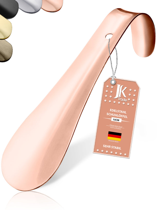 Titelbild mit Farbauswahl & Etikett des Schuhlöffels aus Edelstahl in Roségold, 15 cm Länge