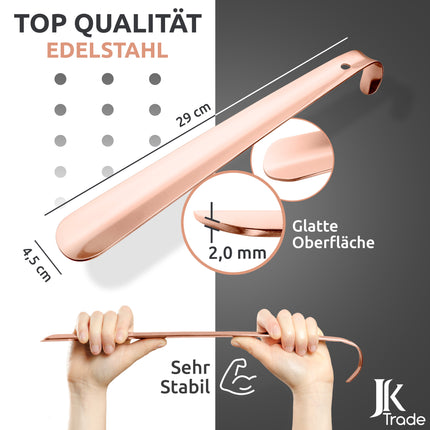Maßangaben & Materialdetails des Schuhlöffels aus Edelstahl in Roségold, 29 cm Länge