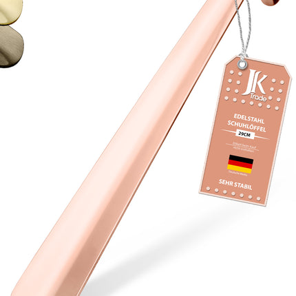 Titelbild mit Farbauswahl & Etikett des Schuhlöffels aus Edelstahl in Roségold, 29 cm Länge
