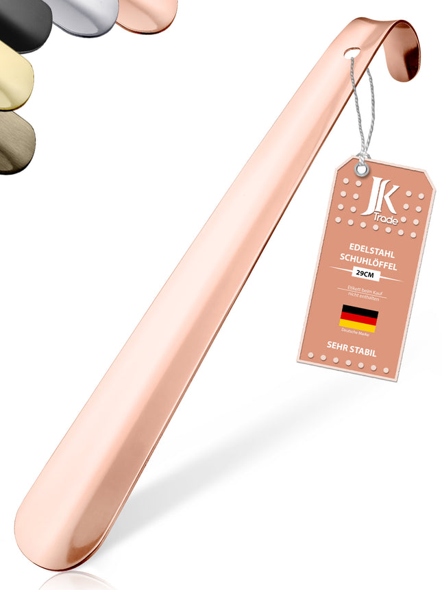 Titelbild mit Farbauswahl & Etikett des Schuhlöffels aus Edelstahl in Roségold, 29 cm Länge
