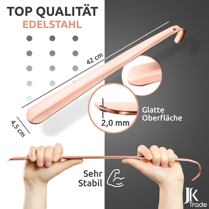 Maßangaben & Materialdetails des Schuhlöffels aus Edelstahl in Roségold, 42 cm Länge