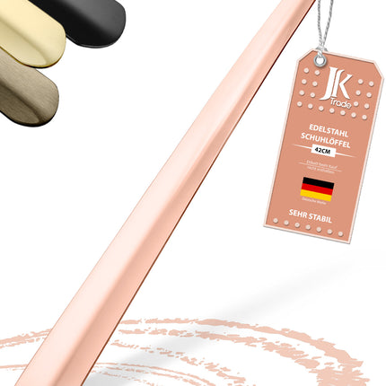Titelbild mit Farbauswahl & Etikett des Schuhlöffels aus Edelstahl in Roségold, 42 cm Länge