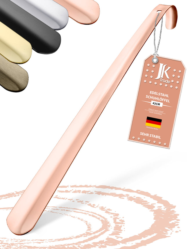 Titelbild mit Farbauswahl & Etikett des Schuhlöffels aus Edelstahl in Roségold, 42 cm Länge