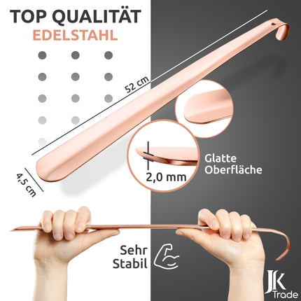 Maßangaben & Materialdetails des Schuhlöffels aus Edelstahl in Roségold, 52 cm Länge