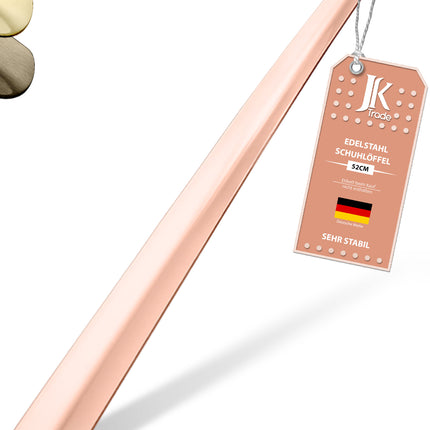 Titelbild mit Farbauswahl & Etikett des Schuhlöffels aus Edelstahl in Roségold, 52 cm Länge