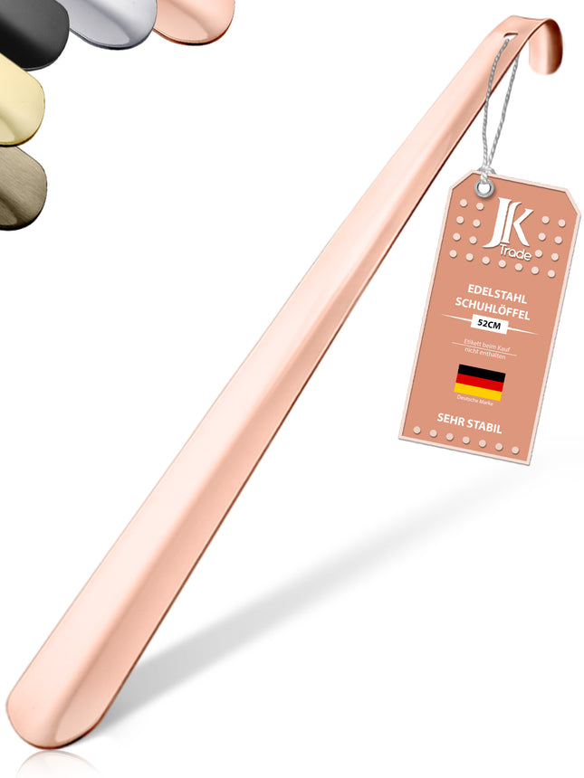 Titelbild mit Farbauswahl & Etikett des Schuhlöffels aus Edelstahl in Roségold, 52 cm Länge