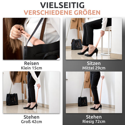 Anwendungsbilder für verschiedene Größen des Schuhlöffels aus Edelstahl in Roségold, 62 cm Länge