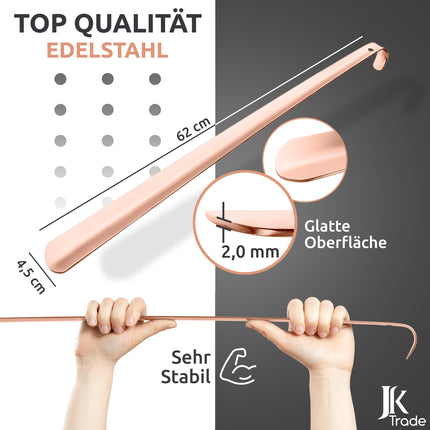 Maßangaben & Materialdetails des Schuhlöffels aus Edelstahl in Roségold, 62 cm Länge