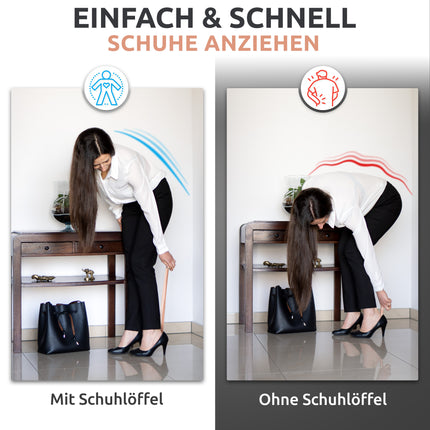 Vergleich mit und ohne Schuhlöffel des Schuhlöffels aus Edelstahl in Roségold, 62 cm Länge