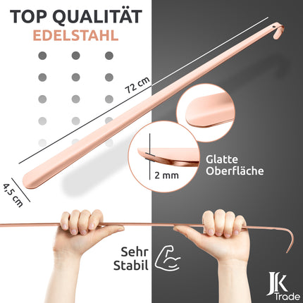 Robuster Schuhlöffel in Roségold, 72 cm Länge, aus Edelstahl mit glatter Oberfläche und stabiler Form