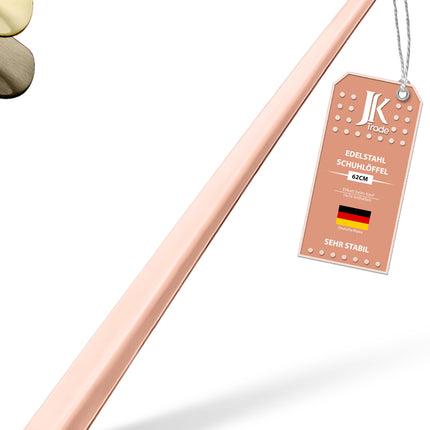 Titelbild mit Farbauswahl & Etikett des Schuhlöffels aus Edelstahl in Roségold, 62 cm Länge