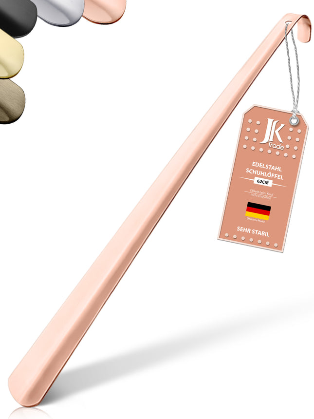 Titelbild mit Farbauswahl & Etikett des Schuhlöffels aus Edelstahl in Roségold, 62 cm Länge