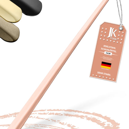 Langer Schuhlöffel aus Edelstahl in Roségold, 72 cm, mit Etikett und Farbauswahl