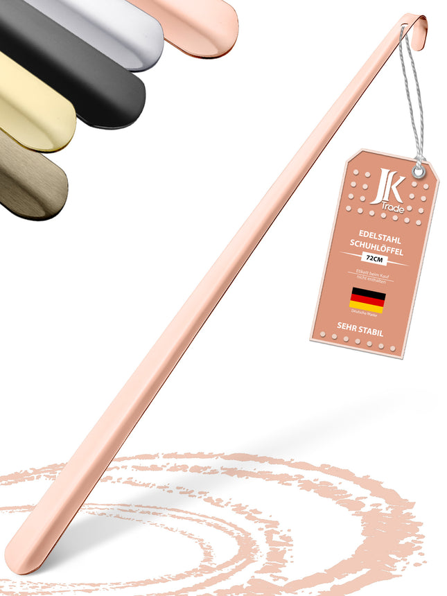 Langer Schuhlöffel aus Edelstahl in Roségold, 72 cm, mit Etikett und Farbauswahl