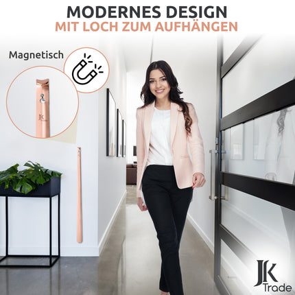 Roségoldener Schuhlöffel im modernen Design, mit Loch zum Aufhängen und magnetischer Aufbewahrung